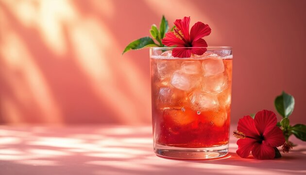 Elegant glass iced hibiscus tea with honey, hibiscus flower garnish. Refreshing beverage on soft coral backdrop. Healthy organic drink for summer, breakfast, cocktail recipe, spa, detox, antioxidants.