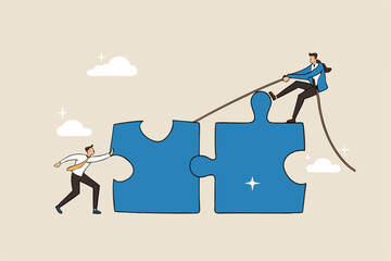 Jigsaw puzzle connection, teamwork partnership to help solve problem or challenge, cooperation or brainstorm to fit and match jigsaw pieces concept, businessman and woman help connect jigsaw puzzle.