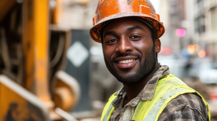 A cheerful construction worker wearing a hard hat and reflective gear smiles on an urban job site, embodying positivity and professionalism in the construction industry.