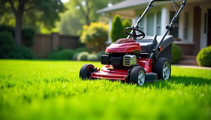 Robot lawn mower cutting grass, Modern farming, Close-up of a lawn mower on the grass, created with generative ai