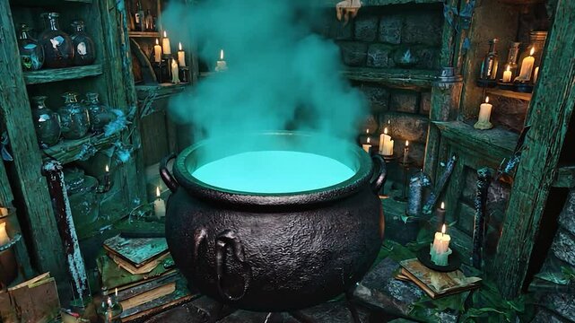 Witch's cauldron bubbling with green potion in a rustic setting