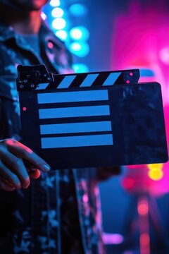 Close-up of a clapperboard on a movie set with vibrant lighting