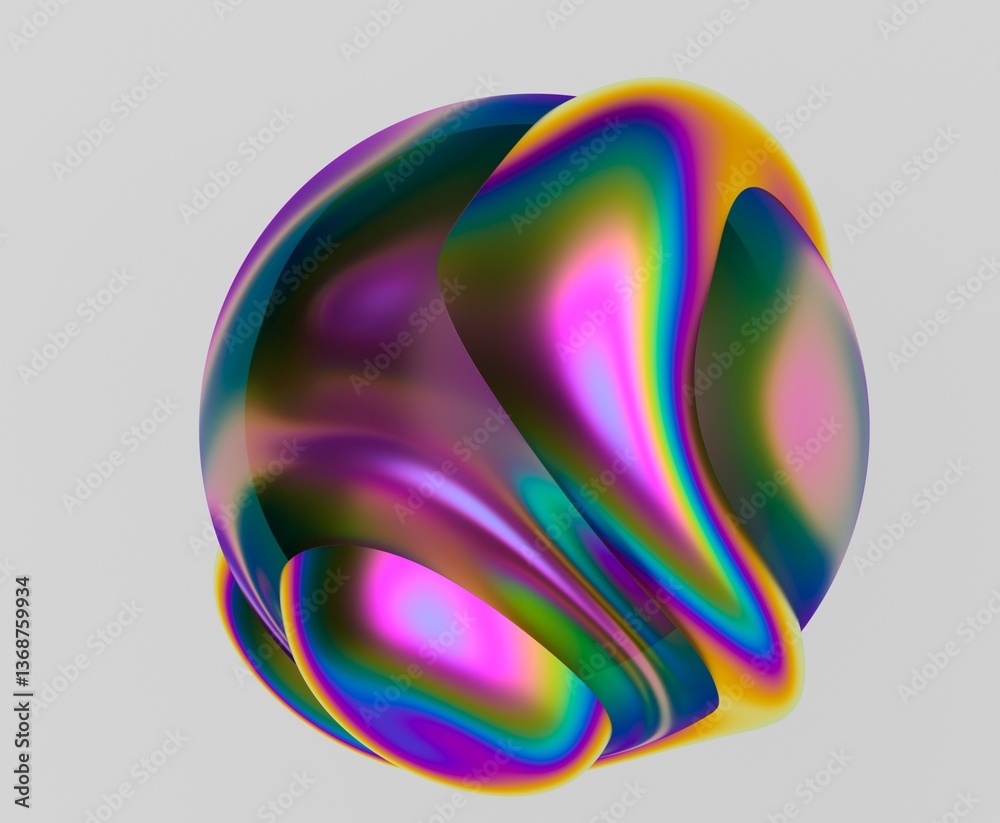 Poster 3D abstract shpere with vibrant, swirling colors and smooth, fluid curves, creating a dynamic and psychedelic effect. The bright, glossy surface highlights its futuristic design.