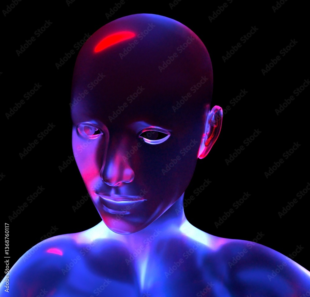 Poster 3d digital human face with a glossy, reflective surface, highlighted by neon blue and red lights aga