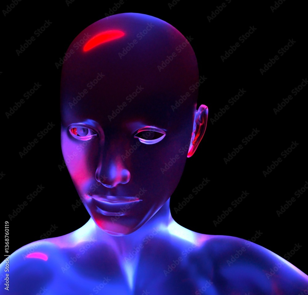 Poster 3d digital human face with a glossy, reflective surface, highlighted by neon blue and red lights aga