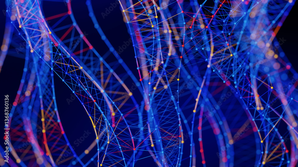 Poster abstract, interconnected network structure on dark blue, resembling a neural plexus with blue, red, 