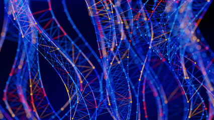 Abstract, interconnected network structure on dark blue, resembling a neural plexus with blue, red, and yellow lines and dots, conveying digital connectivity and data flow. 3D render...