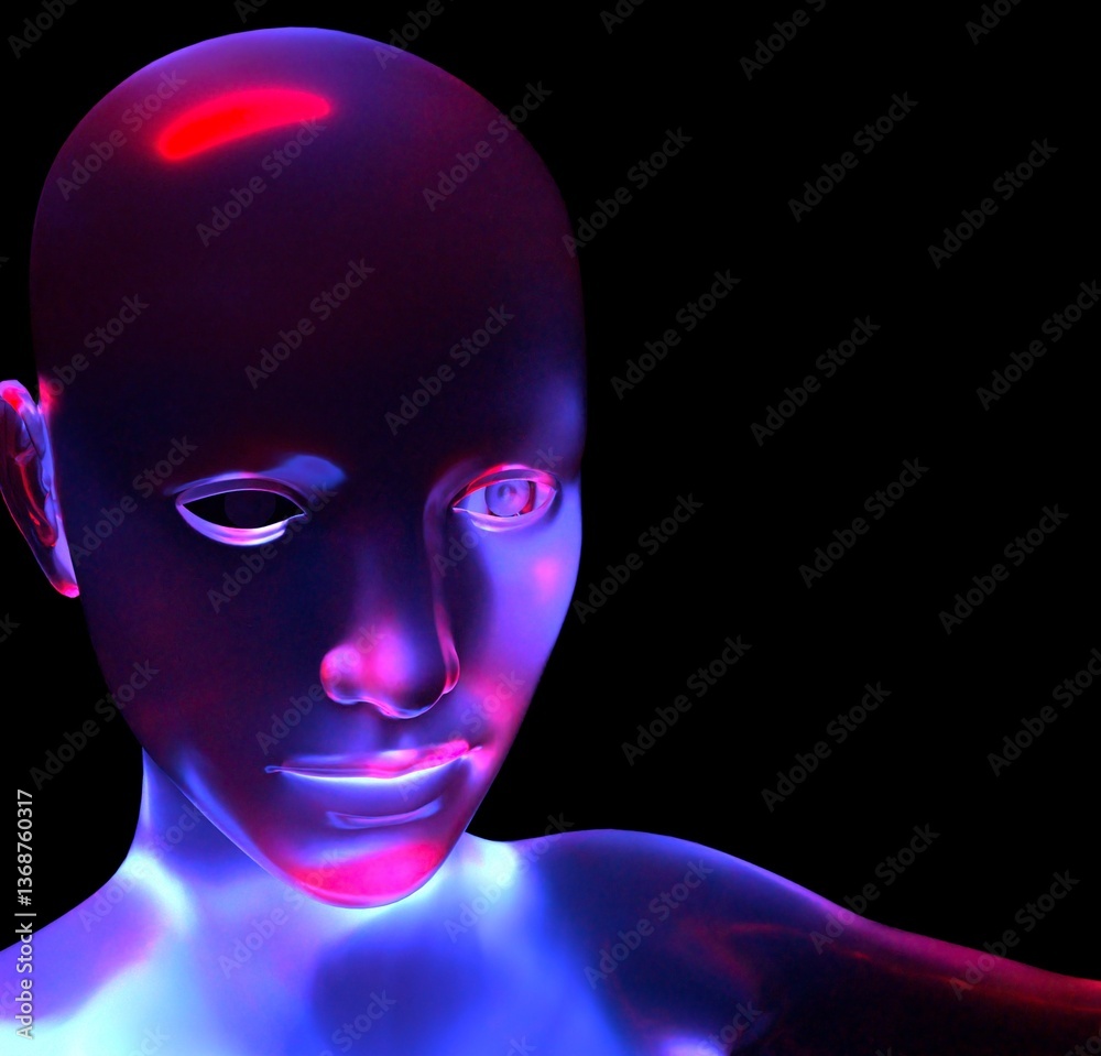 Poster 3d digital human face with a glossy, reflective surface, highlighted by neon blue and red lights aga