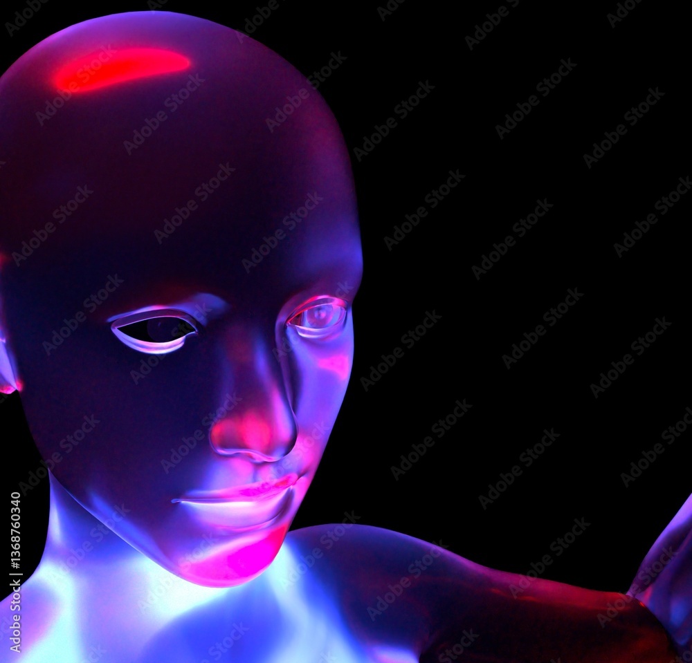 Poster 3d digital human face with a glossy, reflective surface, highlighted by neon blue and red lights aga