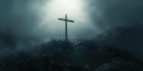 Naklejka premium Cross stands alone on a foggy hilltop at dawn, symbolizing hope and remembrance in a haunting atmosphere