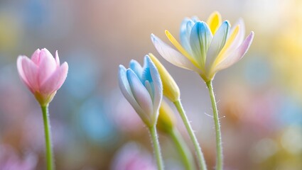 Fototapeta premium Close-up of colorful flowers with petals. Soft background with bright sunlight