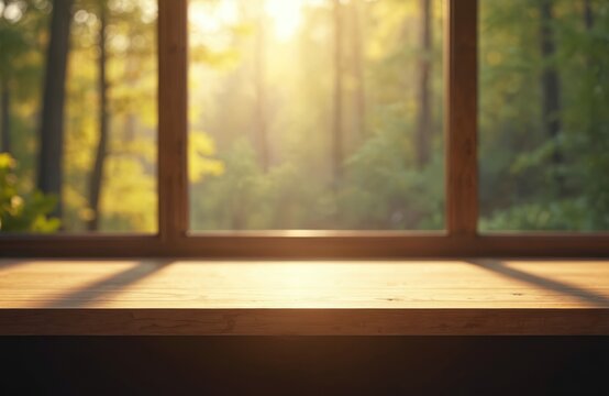 Fototapeta Wooden table top with blurred forest scene, warm sunlight through window creates relaxing mood. Natural light on wood surface. Green trees in background, creating fresh, calm atmosphere. Ideal