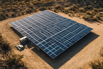 A solar power plant surrounded by desert terrain, with solar panels arranged in a large grid, powered by the suna??s rays and contributing to the renewable energy movement.