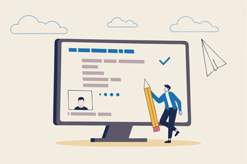 Online questionnaire survey, customer feedback choice or checklist, internet exam, opinion or comment, answer question, surveyor poll concept, man with pencil finish online questionnaire on computer.