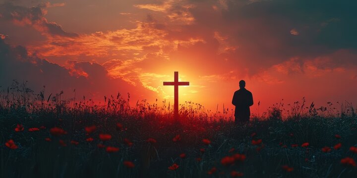 Spiritual reflection at sunset near a cross amidst vibrant flowers in a calm landscape