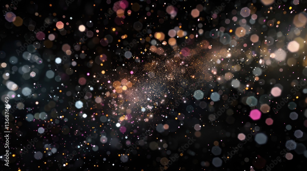 Poster vibrant floating particles create an ethereal effect against a black background. perfect for use in 