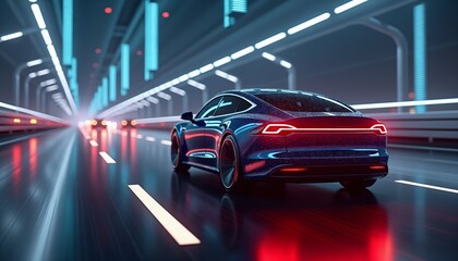 Naklejka premium Luxury electric sedan driving through futuristic illuminated tunnel