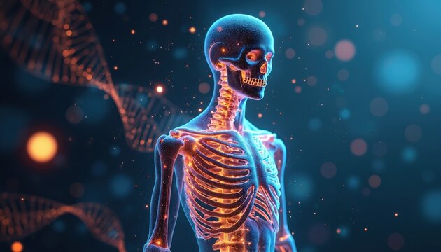 AI revolutionizes healthcare through precision treatments tailored to genetics. Image shows human skeleton with glowing DNA strands, representing personalized medicine, cutting-edge tech, molecular