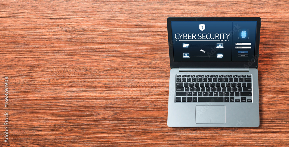 Poster cyber security system on computer screen protect private information snugly from hacker and cyber at
