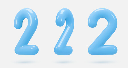 Set blue glass icon, 3d render number 2, two sign. Realistic design element. Vector illustration isolated on white for postcard, icons, poster, banner, web, design, arts