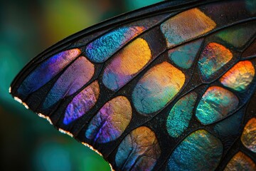 Detailed macro image of a butterfly wing with vibrant iridescent scales in shades of blue, purple, and orange.