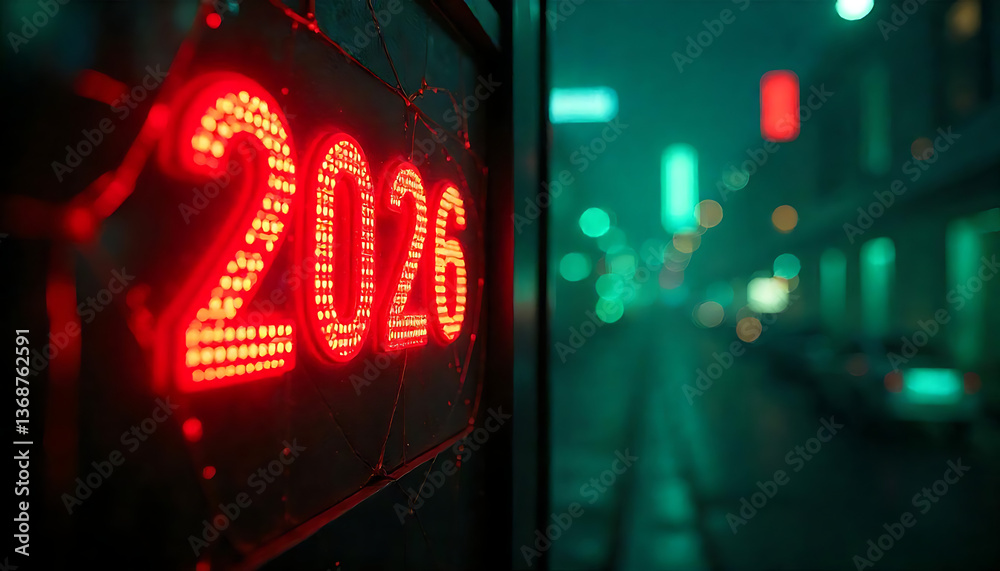 Fototapete happy new year 2026 vector illustration, glowing red digital 2026 on a futuristic abstract backgroun