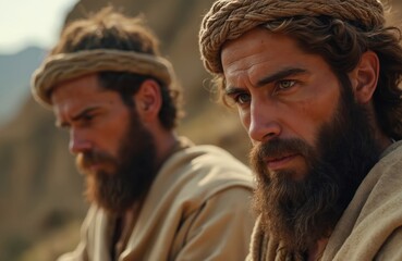 Two bearded men in solemn contemplation. Deep emotional expression reveals spiritual narrative of faith, sacrifice, obedience. Scene from biblical Abrahamic story of divine test.