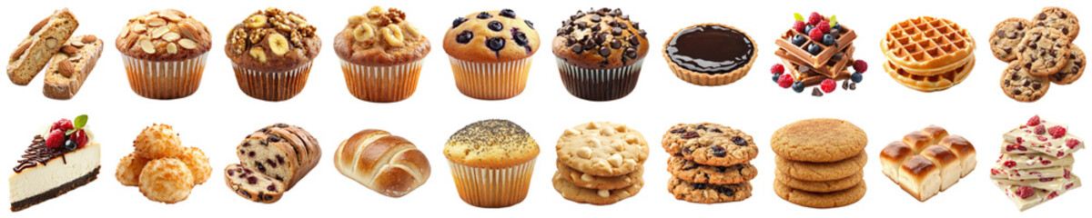 Delicious Assortment of Gourmet Bakery Treats Including Muffins, Cookies, Tarts, and Pastries Perfect for Desserts or Sweet Treat Displays. Piquant food set.