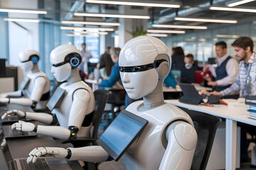 futuristic big office where robots and humans work side by side on laptops, symbolizing AI integration, automation, and the future of work in a high-tech business environment.