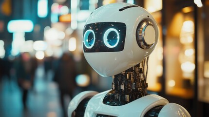 Futuristic Robot Amidst Urban Nightlife, Exploring Technological Integration