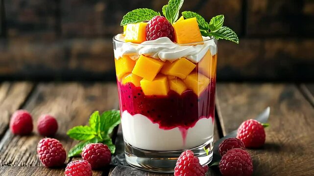 Colorful Mango and Raspberry Dessert with Cream Served in a Glass on Wooden Table