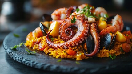 Seafood risotto with octopus, vibrant and textured, gourmet dish on a dark plate