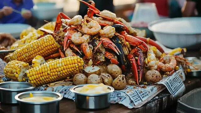Colorful Seafood Feast Featuring Crabs, Shrimp, Corn and Potatoes Served on a Wooden Table