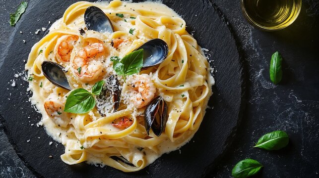 Creamy seafood fettuccine on a dark textured surface, elegant presentation, Italian cuisine with basil