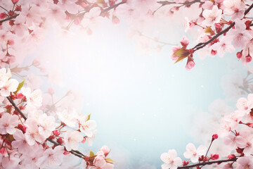 Fototapeta premium Blooming apricot flowers. Spring background on blue background copy space flat lay mock up.