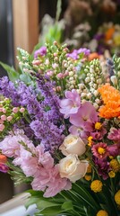 Colorful flower bouquet arranged indoors, close-up