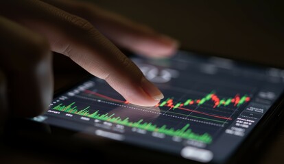 Fototapeta premium Finger interacting with financial chart on smartphone showcasing investment data and analytics.