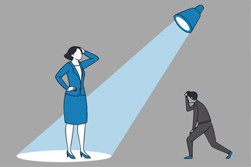 Career guidance or advice to step up career path, business direction or spotlight to success, discover talent or job candidate concept, flashlight staircase light beam to step up for businesswoman.