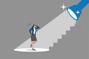 Career guidance or advice to step up career path, business direction or spotlight to success, discover talent or job candidate concept, flashlight staircase light beam to step up for businesswoman.