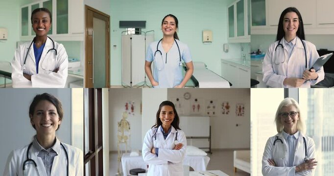 Collage of doctors dressed in white lab coats, standing confidently with arms crossed at workplace, exuding professionalism, unity among medical workers, global and inclusive approach to healthcare