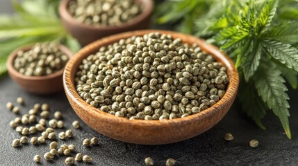 Close-up of hemp seeds in wooden bowls with hemp leaves.