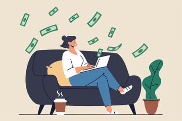 Self employed, freelancer or online business owner, remote work from home, individual job or distance worker, e-commerce business concept, young woman making money work with computer laptop at home.