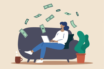 Self employed, freelancer or online business owner, remote work from home, individual job or distance worker, e-commerce business concept, young woman making money work with computer laptop at home.