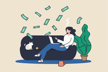 Self employed, freelancer or online business owner, remote work from home, individual job or distance worker, e-commerce business concept, young woman making money work with computer laptop at home.
