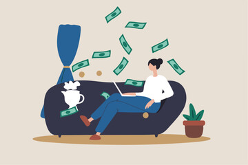 Self employed, freelancer or online business owner, remote work from home, individual job or distance worker, e-commerce business concept, young woman making money work with computer laptop at home.