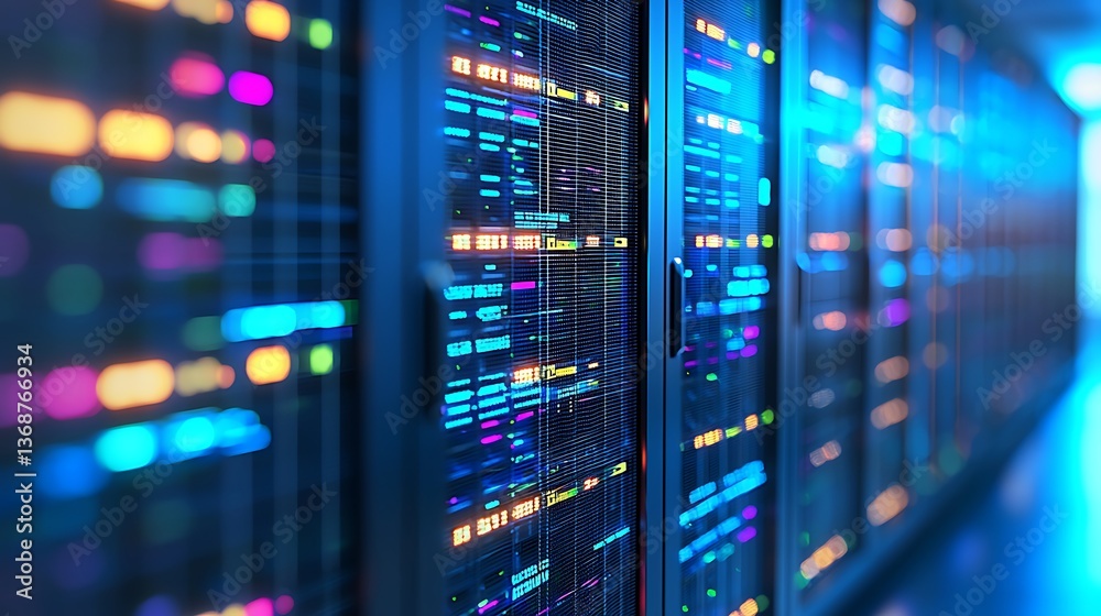 Poster high-tech server rack array with glowing components