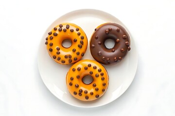 Fototapeta premium Two golden and one chocolate glazed donuts, adorned with chocolate chips, rest on a pristine white plate, a delightful sweet treat.