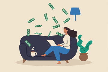 Self employed, freelancer or online business owner, remote work from home, individual job or distance worker, e-commerce business concept, young woman making money work with computer laptop at home.