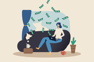 Self employed, freelancer or online business owner, remote work from home, individual job or distance worker, e-commerce business concept, young woman making money work with computer laptop at home.