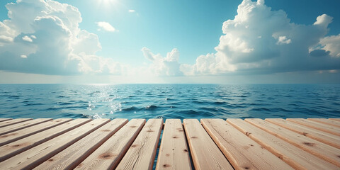 Fototapeta premium Serene Ocean View from a Wooden Pier at Sunset & Seaside wooden diving platform